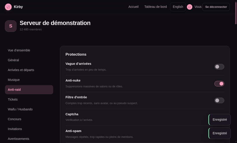 The dashboard in use: tabs, anti-raid protections switched on, music settings and the inviter leaderboard.